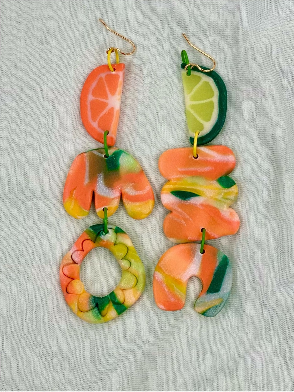 Handcrafted Bright Citrus Polymer Clay Dangle Earrings - Orange & Green